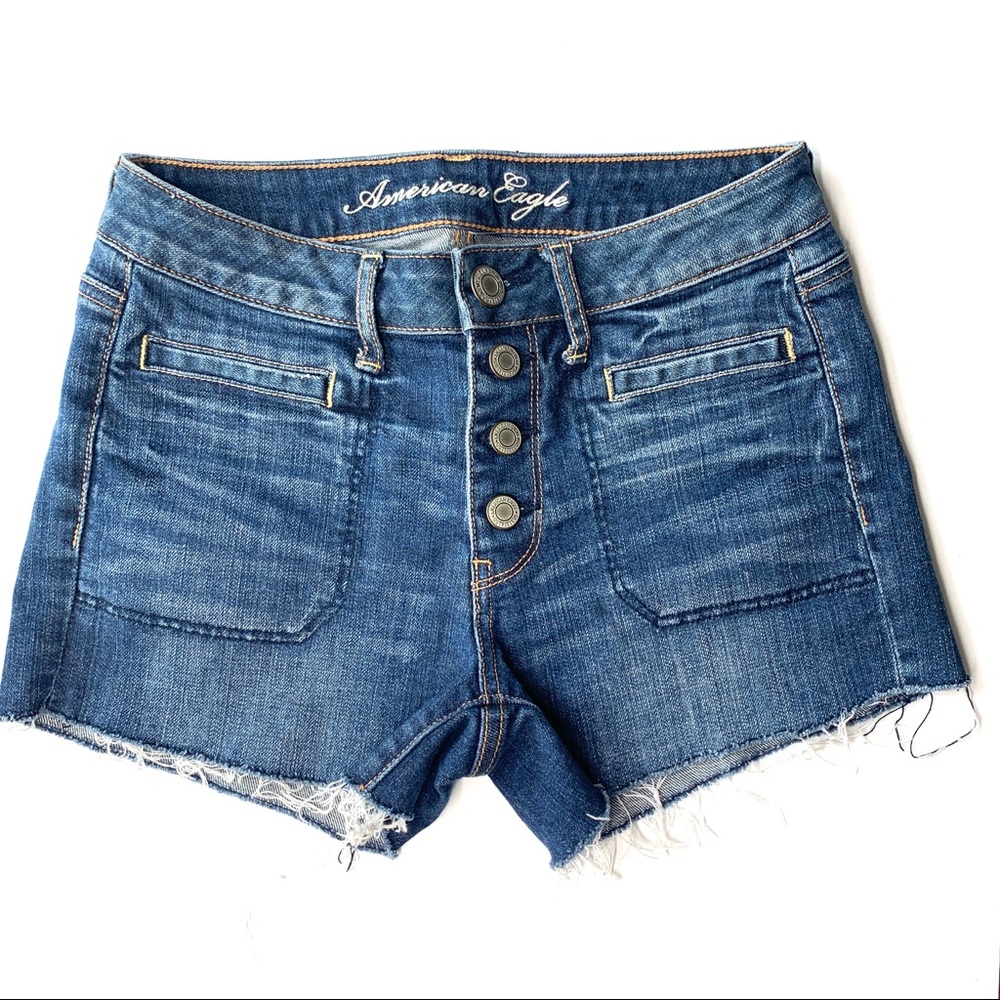 American Eagle Button Fly Frayed Mid Rise Denim Shorts